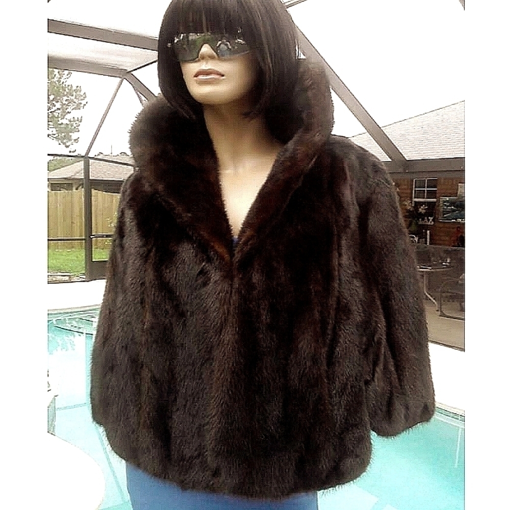 REAL FUR NATURAL SABLE COLOR BROWN MINK FUR STOLE CAPELET SIZE MED - LARGE